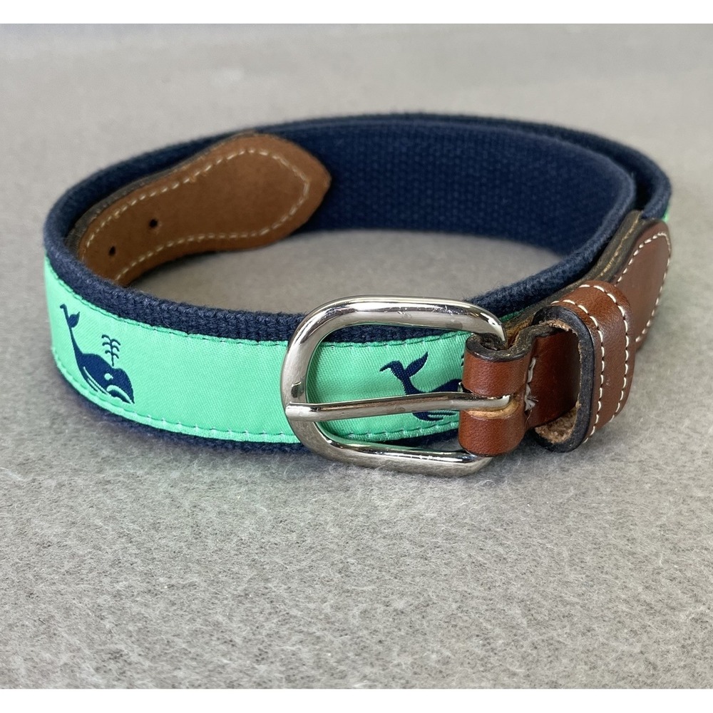 Preston Belt Boys Green Whale Ribbon Navy Web Leather Canvas 26"